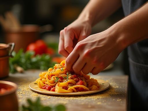 Chef preparing pasta dish in kitchen